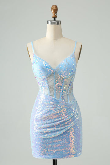 Vestido de cóctel corto con tirantes finos ajustados en azul claro con purpurina y lentejuelas